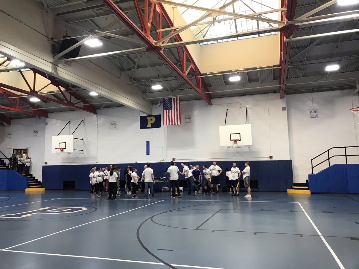 PMS and PMHS teachers warming up for this afternoon’s Pacer Race to benefit the Roksvold Scholarship