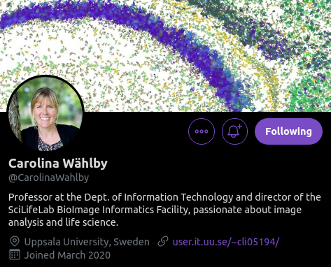 Dear friends, may I suggest you follow the one and only, <a href="/CarolinaWahlby/">Carolina Wählby</a> .
<a href="/joakim_lindblad/">Joakim Lindblad</a> <a href="/BoSoxBioBeth/">Beth Cimini 🔬💻 📊</a> <a href="/HenriquesLab/">Ricardo Henriques</a>  <a href="/0x00B1/">Allen Goodman</a> <a href="/ahklemm/">Anna Klemm</a> <a href="/MatsNilssonLab/">MatsNilssonLab</a> <a href="/M_Hilscher/">Markus M. Hilscher</a> <a href="/PhilipJHarriso1/">Philip J Harrison</a> @GabrielePartel <a href="/petebankhead/">Pete Bankhead</a> @npielawski <a href="/scilifelab/">SciLifeLab</a> <a href="/Prof_Lundberg/">Emma Lundberg</a> <a href="/rita_strack/">Rita Strack</a> <a href="/CellProfiler/">CellProfiler</a>