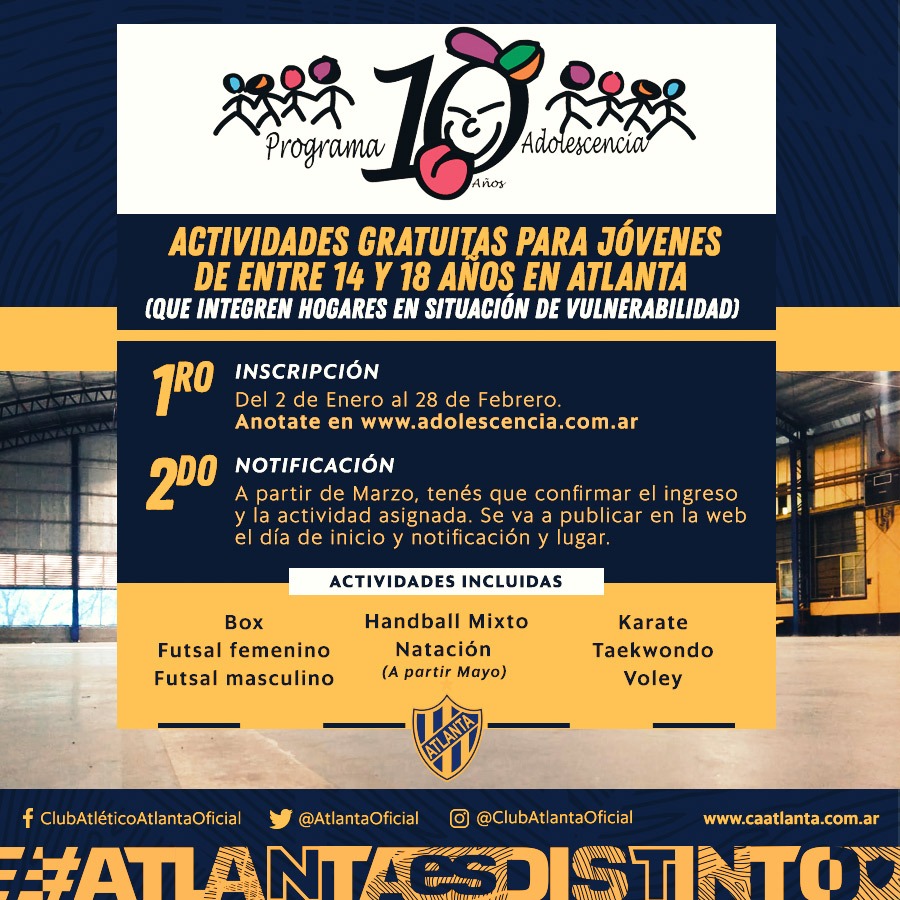 atlantaoficial's tweet photo. #ProgramaAdolescencia
¡El Gobierno de la Ciudad y #Atlanta continuan con el "Programa Adolescencia" a tu Club!
.
#ActividadesGratuitas para jóvenes de entre 14 y 18 años 😍
.
🔜 Anotate en https://t.co/8Vy4U9jHlb
.
#AtlantaEsDistinto 💛💙💛💙 https://t.co/qTNW1qTe26