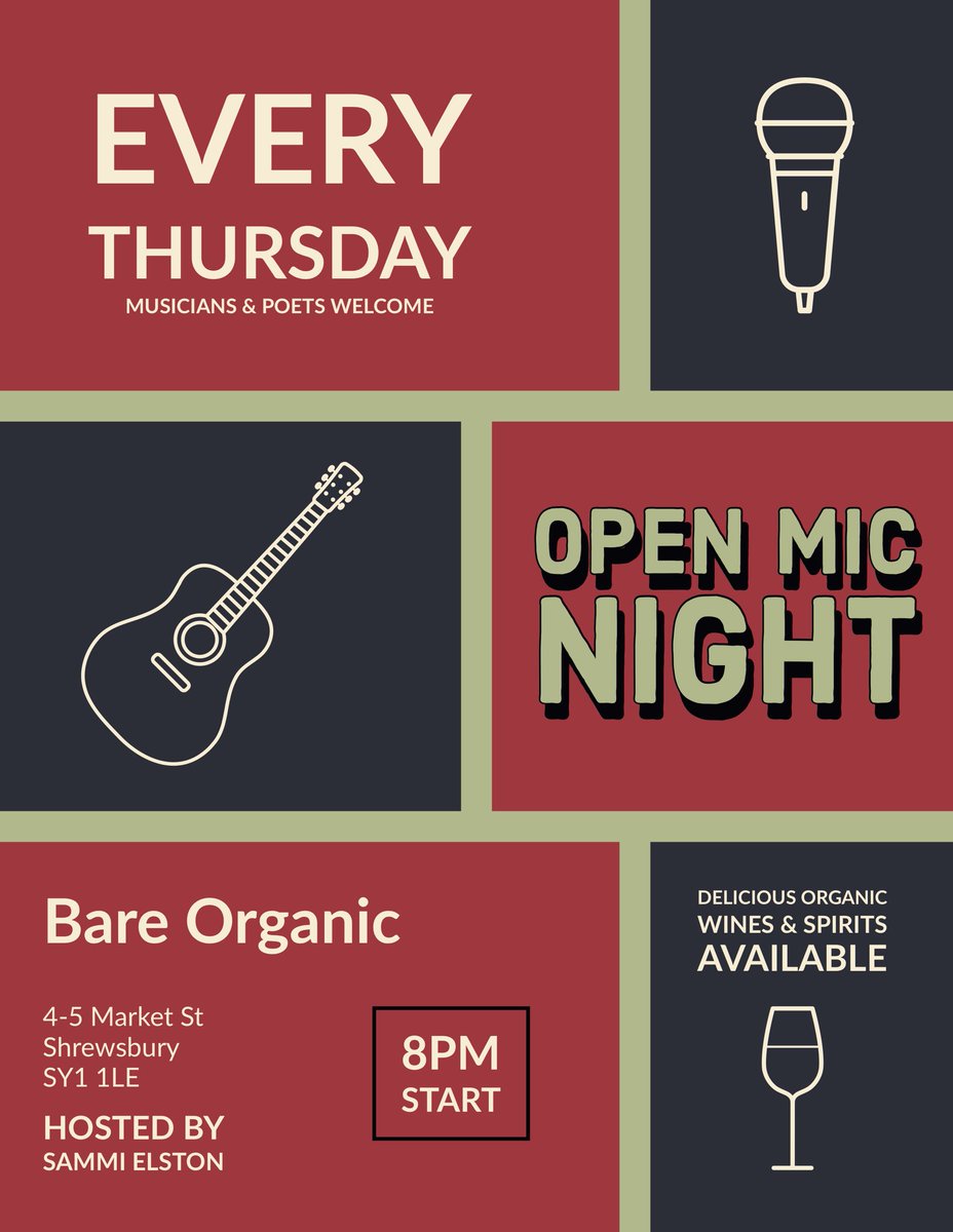 BareOpen's tweet photo. Support your local town &amp; get down to the OPEN MIC at Bare Organic, Shrewsbury tonight! All musicians &amp; poets welcome. Message the fb page or me for slots or just turn up! FREE ENTRY! 🎸🎤 #openmic #Shrewsbury https://t.co/dSIwa5pMro