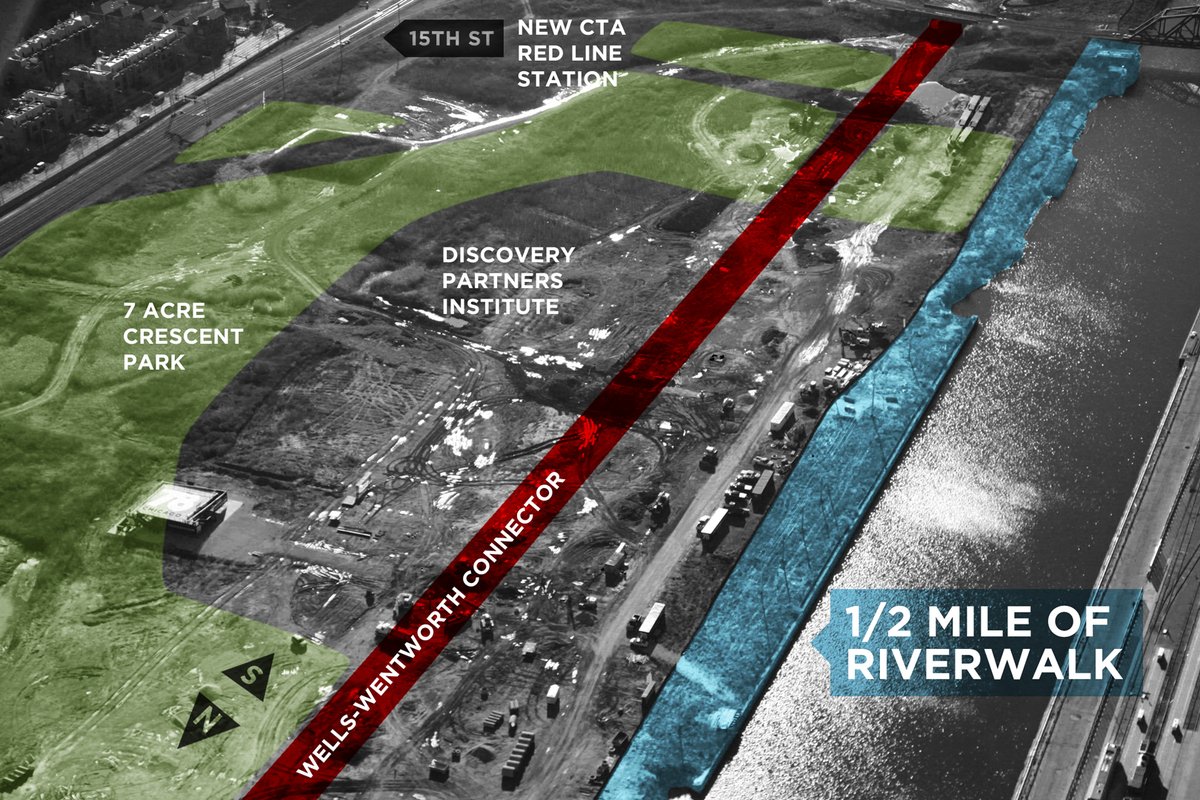 Construction is underway at #The78. Phase One includes the Wells-Wentworth connector, DPI and major seawall repairs that will support the future riverwalk. #HereComesThe78 #SouthBranch #ChicagoRiverwalk #DiscoveryPartnersInstitute #ChicagoChinatown #ChicagoLoop