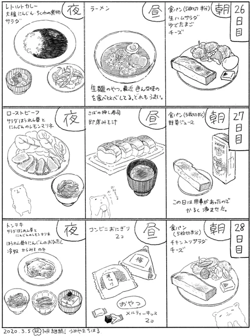 カロリー管理生活(24)
26日目～28日目に食べたものまとめ

ちょーっと料理をすることへの意欲が低下してきている。

#絵日記 #双極性障害  #ダイエット 
