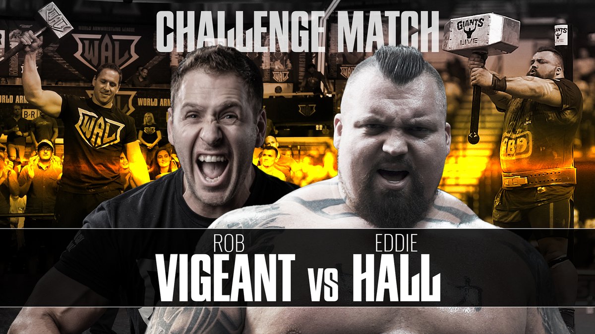 WALUnderground's tweet photo. WAL first Challenge Match: Lightweight World Champion, RVJ and World's Strongest Man, Eddie Hall. These two will battle it out in LA on 4/21 only on @brlive! You're not going to want miss this! #EddieHall #RVJ #WAL601 #armwrestling https://t.co/mzXRanXHGy