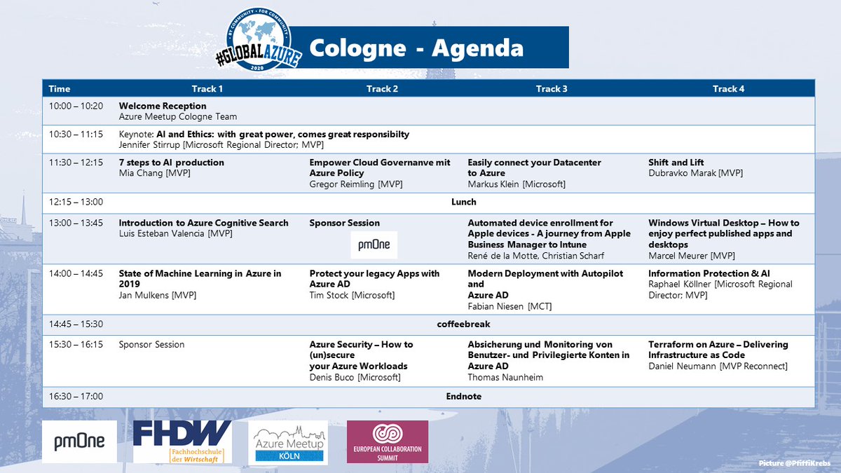 The Agenda for the #GlobalAzure Bootcamp Cologne 2020: 

<a href="/bymiachang/">Mia Chang</a> <a href="/fabian_niesen/">Fabian Niesen #WfH 🇪🇺🇩🇪☁️🏡</a> <a href="/neumanndaniel/">Daniel Neumann</a>
<a href="/JanMulkens/">Jan Mulkens</a> @levalencia <a href="/MarcelMeurer/">Marcel Meurer (MVP) 🌤</a> <a href="/thomas_live/">Thomas Naunheim</a>
<a href="/ti_stock/">Tim | #Entra #Identity #ZeroTrust</a> <a href="/Scharf_IT/">Christian Scharf</a> @renedelamotte <a href="/dubravkomarak/">Dubravko Marak</a>
<a href="/ra_koellner/">Raphael Koellner #Copilot</a> @hybridazureguy <a href="/jenstirrup/">Jennifer Stirrup #MBA Topics: #AI #Data #Strategy</a> 

@pmOneGroup @FHDW <a href="/collabsummit/">European Collaboration Summit</a>