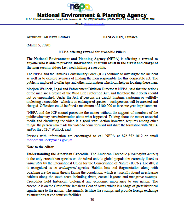 nepajamaica's tweet photo. NEPA offering reward for crocodile killers.
Read the full statement here: https://t.co/le1MHSTAql
#NEPAAndYou #SaveCrocs #preserveWildlife https://t.co/eoxuyY35Cf