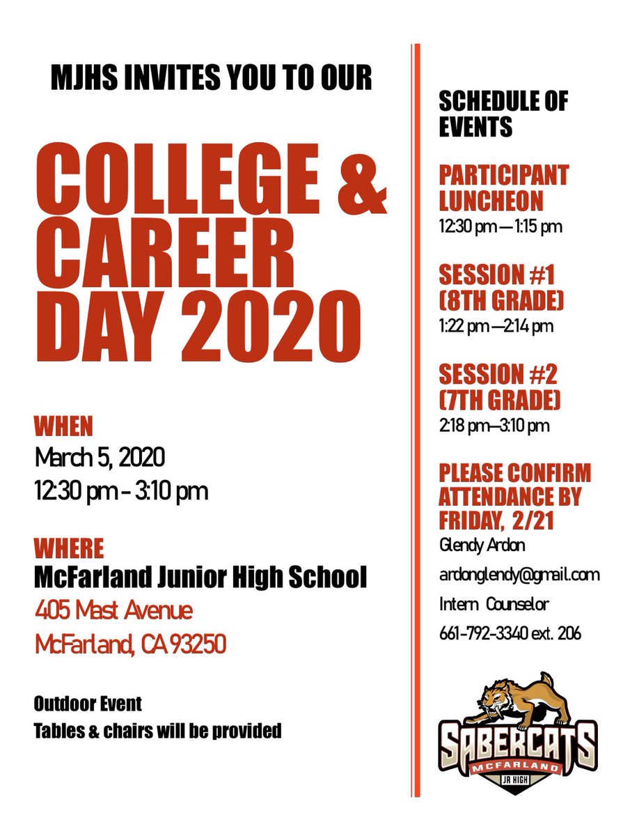 College &amp; Career Day is TODAY‼️#MJHS#Sabercats#SaberNation <a href="/MJHS_of_MUSD/">McFarland Junior High School</a>