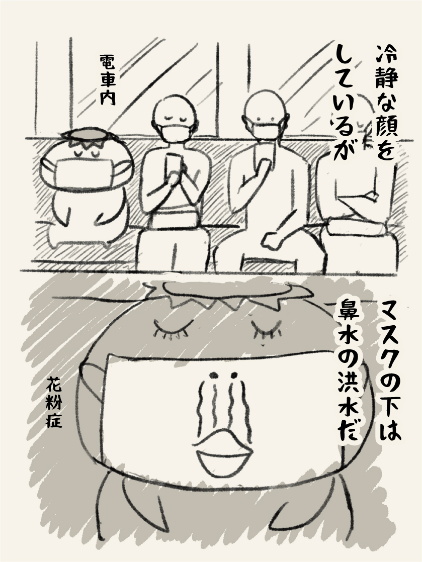 唐突にやってくる花粉症の鼻水(特に電車内)
鼻水隠しにマスクが手放せないが在庫があと5枚
これからどうやって隠すかな・・・ 