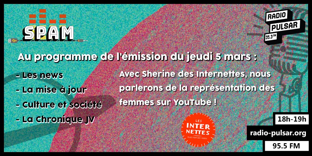 SpamPulsar's tweet photo. Ce soir dans Spam on vous parle de la représentation des femmes dans la sphère numérique ! Nous nous sommes également intéressé à la création féminine sur YouTube avec Sherine du collectif @les1ternettes ! https://t.co/yFrNF54i6a