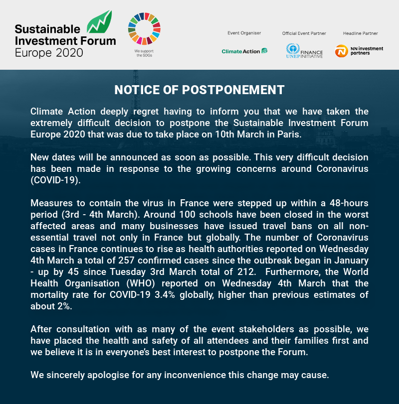 epe_asso's tweet photo. “An important update from @Climate_Action_ regarding the postponement of the Sustainable Investment Forum Europe 2020. Please visit https://t.co/4GNxfRu7cY for more information. #SINVEU https://t.co/3YUs1XLmtt
