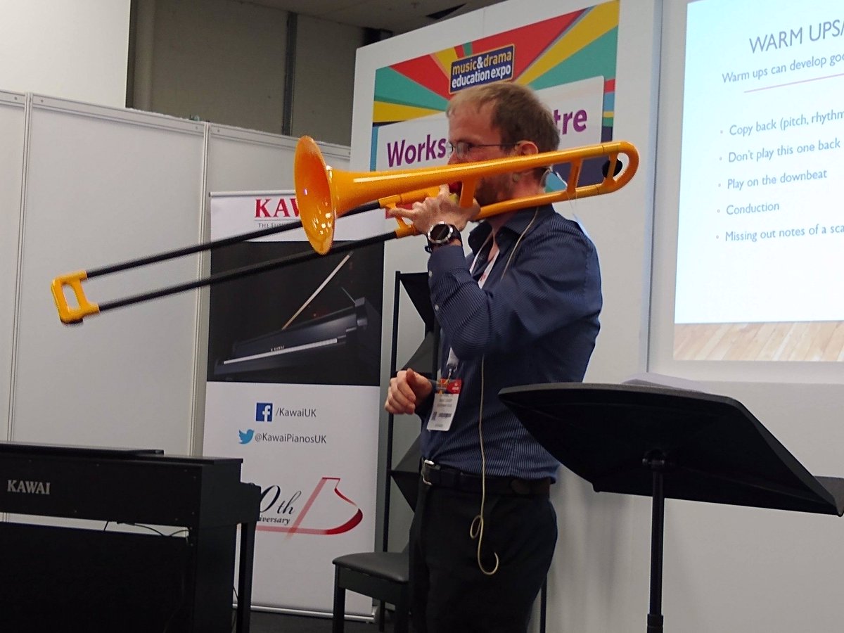 pMusicEdu's tweet photo. Nathaniel Dye, Music Leader at Nelson Primary School during his workshop yesterday at Music &amp; Drama Education Expo - 'Running a Successful and Inclusive Primary or Beginner Orchestra'. #MDEE #musiced #pBone https://t.co/KeVLbmTyTW