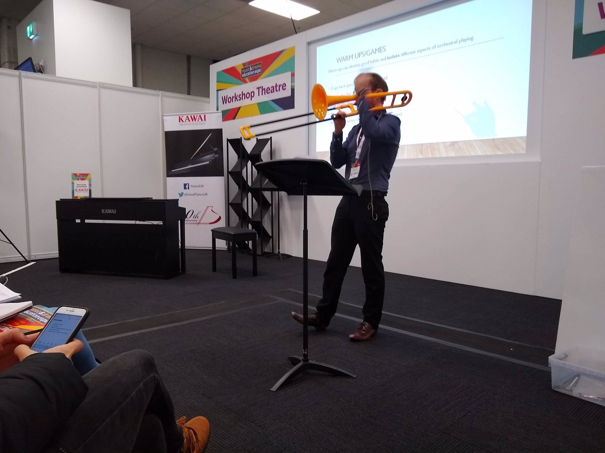 pMusicEdu's tweet photo. Nathaniel Dye, Music Leader at Nelson Primary School during his workshop yesterday at Music &amp; Drama Education Expo - 'Running a Successful and Inclusive Primary or Beginner Orchestra'. #MDEE #musiced #pBone https://t.co/KeVLbmTyTW