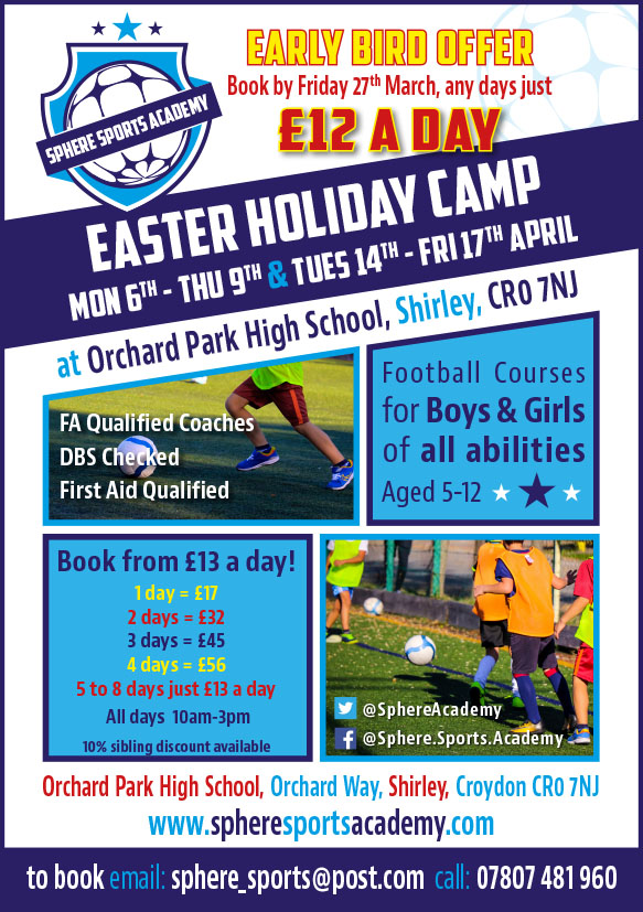 SphereAcademy's tweet photo. Our Easter Football Course at Orchard Park High School, Shirley. Bus Routes: 367 (stops outside) 119, 198, 194. Tramlink - Tram stops: Sandilands, Addiscombe Road, Arena, Woodside. Nearest Trains: Eden Park &amp; West Wickham. Buses direct from East Croydon Station. Onsite parking. https://t.co/G2ZYG2HGKq