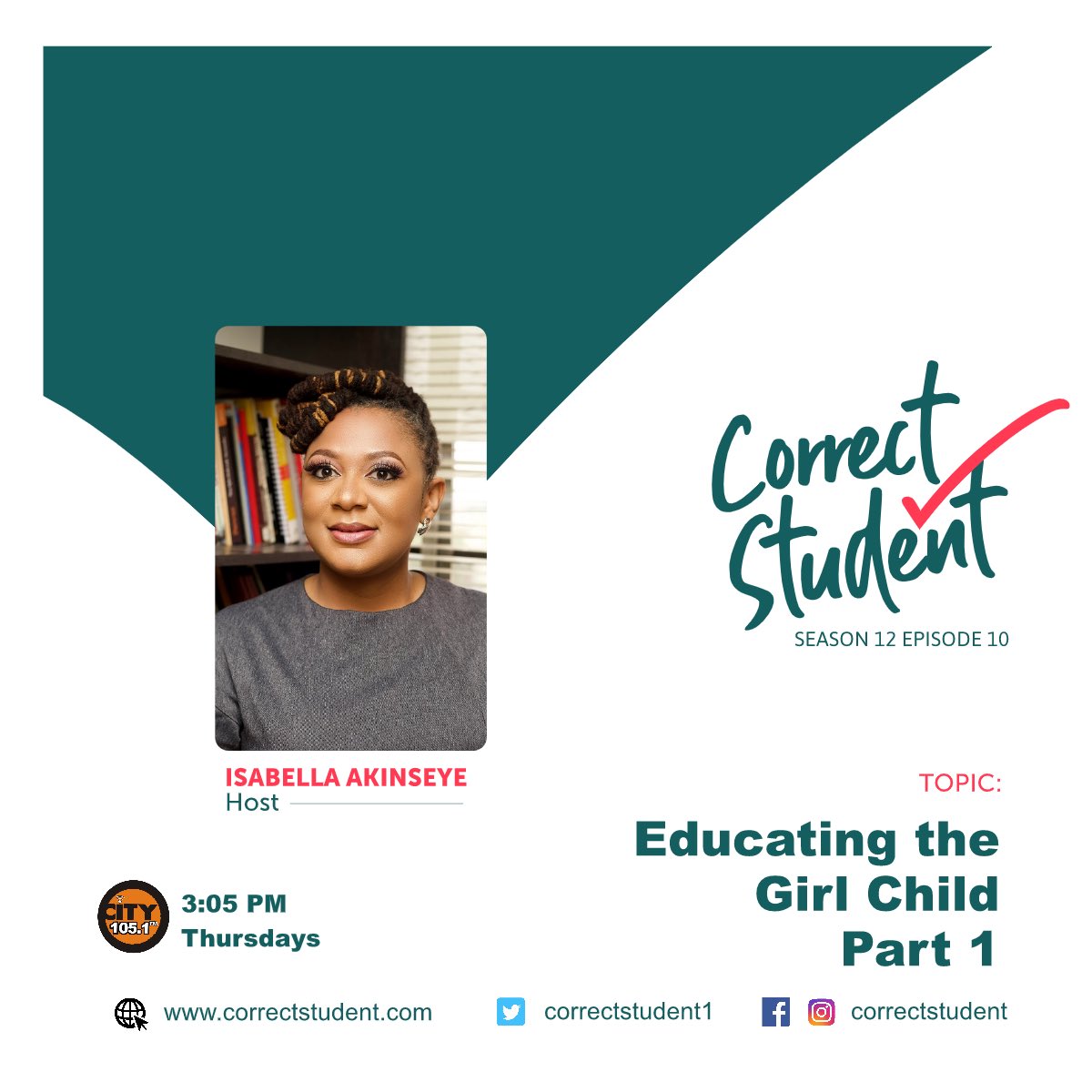 Yellow_Tamarind's tweet photo. Isabella Akinseye @IAkinseye will be discussing educating the girl child on today’s episode of @correctstudent1. Tune in NOW to @CITY1051 FM. #CorrectStudent #RadioShow #AlwaysLearning #IWD2020 #EachForEqual #GirlChild #GirlChildEducation #ProducedByYTP #YellowTamarindProductions https://t.co/1AksckzmC6
