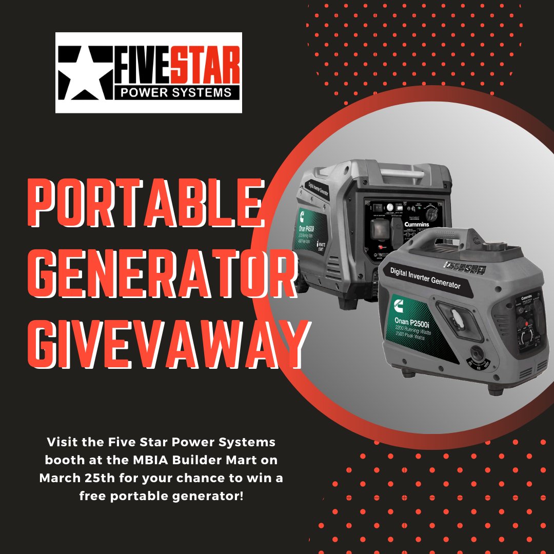 FiveStarPower's tweet photo. Don't miss out on your chance to win a FREE portable generator! Visit us at our booth at the 50th MBIA Builder Mart to enter to win!

The Builder Mart takes place March 25th in Timonium at the Maryland State Fairgrounds. We look forward to seeing you there! https://t.co/Z9hCFefNOB