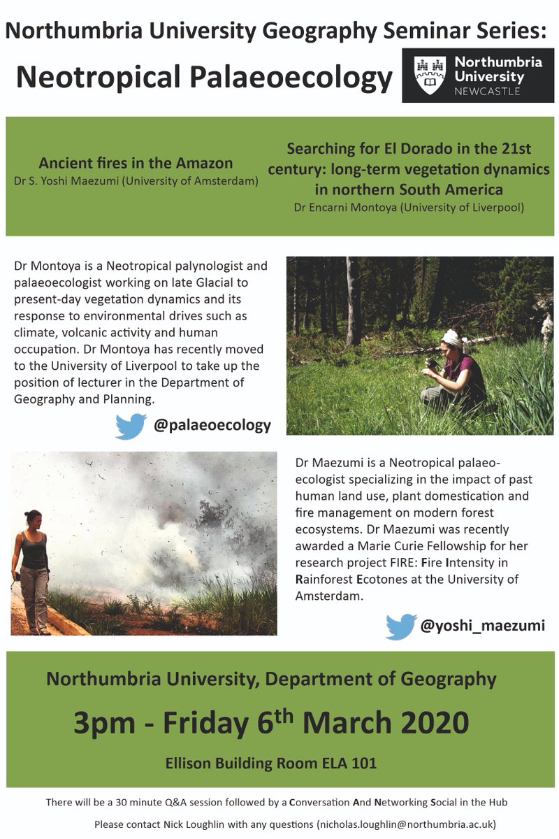 palaeoecology's tweet photo. Happen to be in #Newcastle with no particular plan? Come tomorrow to @NorthumbriaUni for a joint seminar on #Neotropical #palaeoecology by @yoshi_maezumi and myself! Organised by @PalaeoNick and @CapitanWhitney from @NUGeog #palynology #charcoal #pastrecords https://t.co/sTIUI1ginO