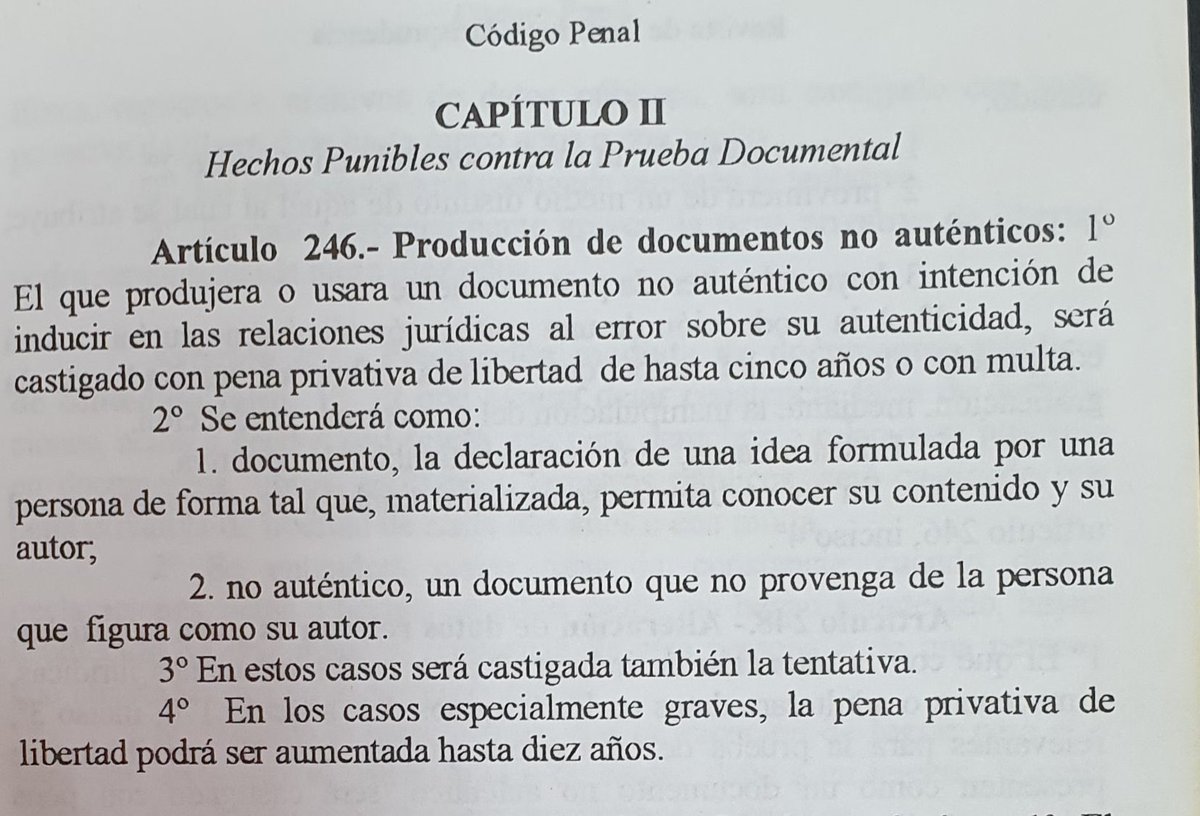 Article 246 of Paraguay’s penal code states:“Anyone who produces or uses an unauthentic documentation with the intention of tricking with legal authorities will be punished with a custodial sentence up to 5 or with a fine.”