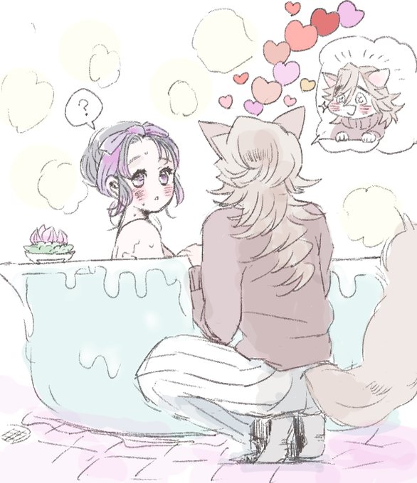?どまにゃん?
どまにゃん「なにしてるの??なにしてるの～???」目キラキラ～?✨✨
しのぶ「お風呂だよ～どまにゃんには珍しいのかしら?」
どまにゃん「にゃ…にゃ」
しのぶ「どまにゃんも一緒に入る?なーんて猫は水苦手だよねフフフ」
どまにゃん「はにゃあぁぁ～～ん???」
しのぶ「ん?」 