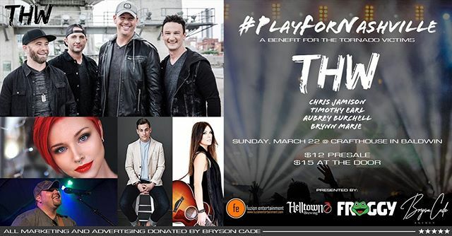 THWband1's tweet photo. #PlayForNashville

THW, alongside Timothy Earl, Aubrey Burchell, Chris Jamison, and Brynn Marie, will be performing LIVE at The Crafthouse Stage &amp; Grill in Pittsburgh on March 22nd to raise money for the victims of the Nashville tornado.

Doors open at 4… https://t.co/OL7PJHYOWx https://t.co/jZUFCCN3IE
