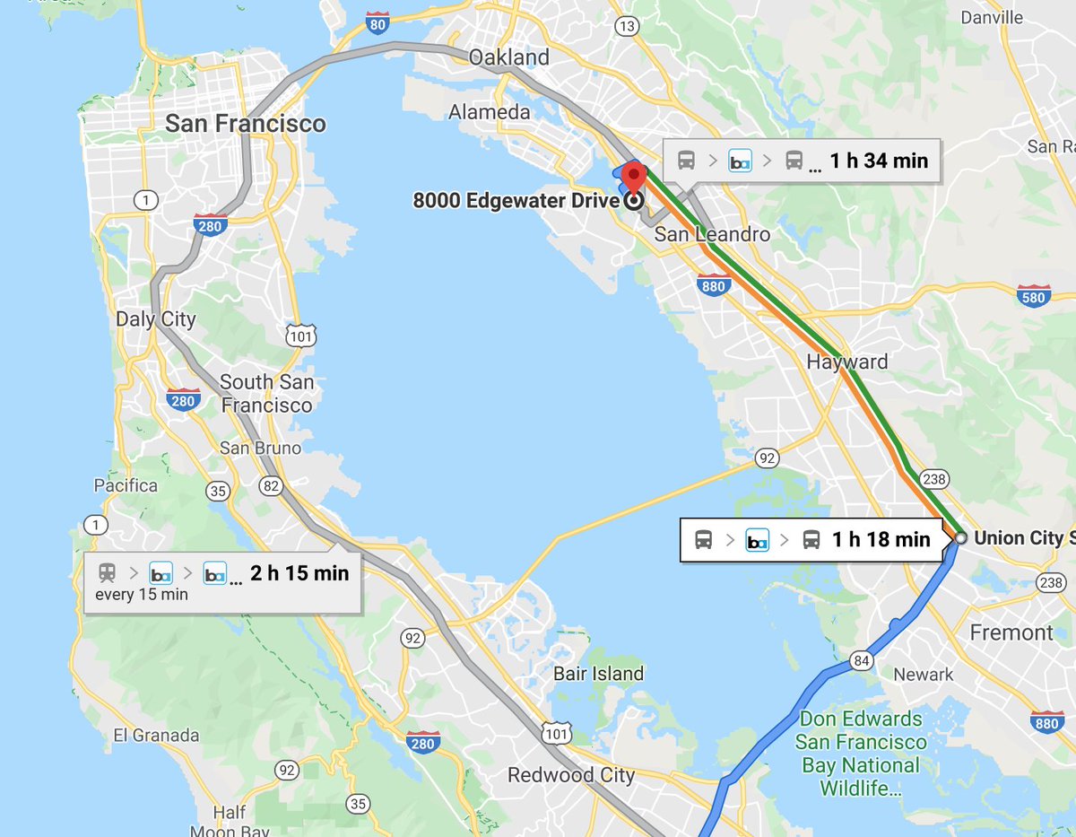 A public transport route from Palo Alto to Oakland showing that it's just about in the middle of two not quick routes