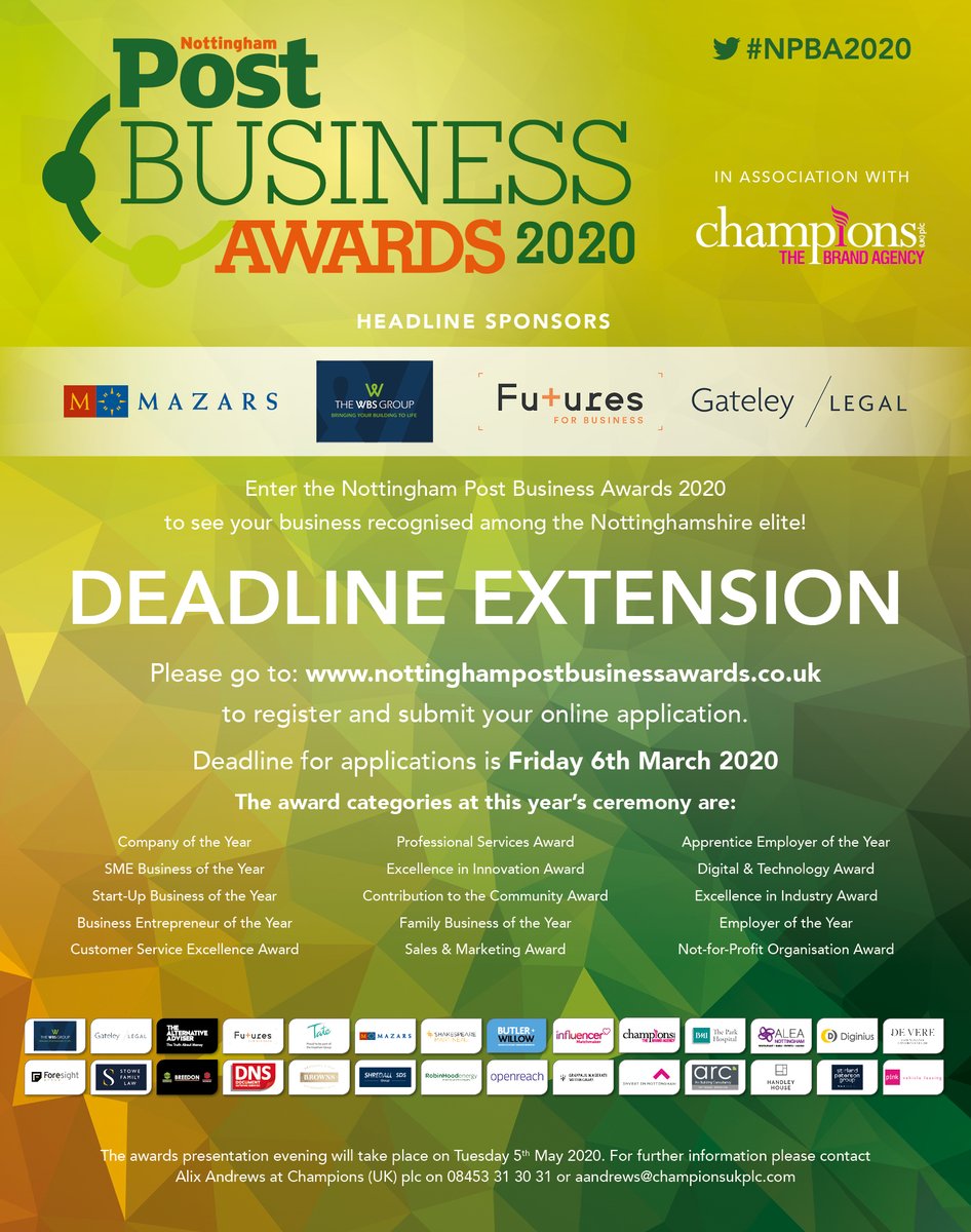 Tomorrow is your last chance to enter into this years Nottingham Post Business Awards! Don't wait another year to be in with a chance of winning! Enter now- bit.ly/2RWxoJ6
#NPBA2020