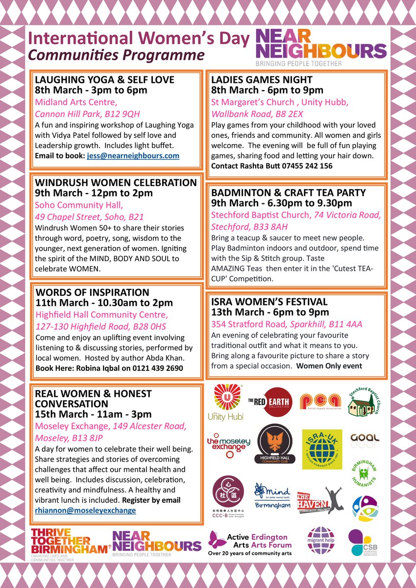 Have a mooch over the wonderful #InternationalWomensDay #Community Programmes happening this month by <a href="/nearneighbours/">Near Neighbours</a> #Birmingham. They're in our district and around Birmingham too.