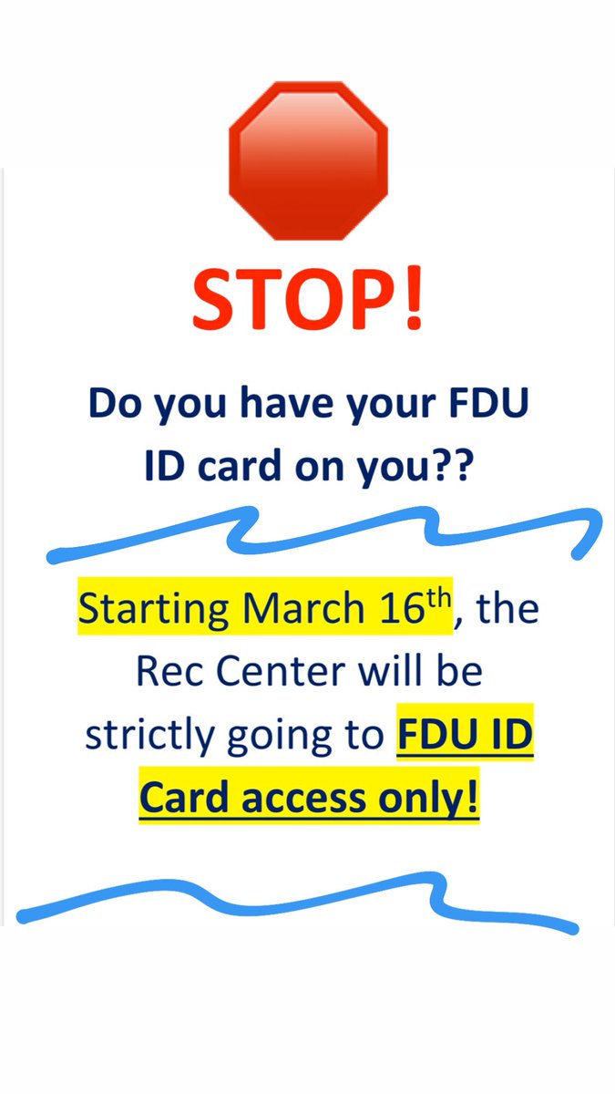 FDURec's tweet photo. 🚨PLEASE READ🚨
.
.
Important notice for the Ferguson Rec Center. We will be going to full scan system through out the Rec. This takes into full effect Monday, March 16! 
.
.
Remember your FDU ID! https://t.co/0mv1lROZ2e