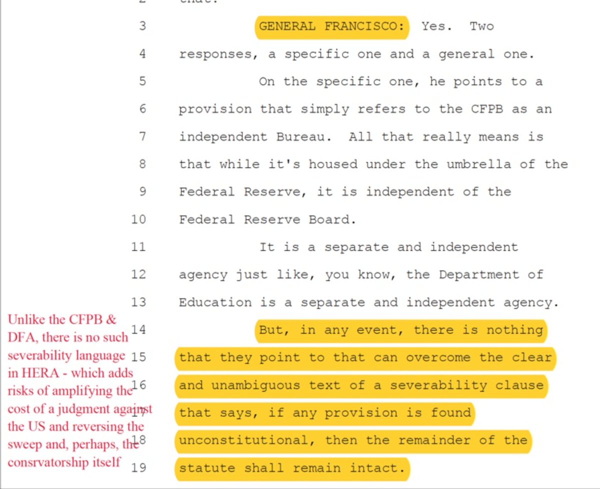 JoshRosner's tweet photo. Dear @stevenmnuchin1 @USTreasury @MarkCalabria @FHFA Your risks are rising. The #SolicitorGeneral highlighted to the #SupremeCourt the risk of an adverse decision in #Selia. Unlike #DFA, #HERA, has no #severability. @FannieMae @FreddieMac #FannieMae #FreddieMac #GSE @larry_kudlow https://t.co/iIeD60OWaA