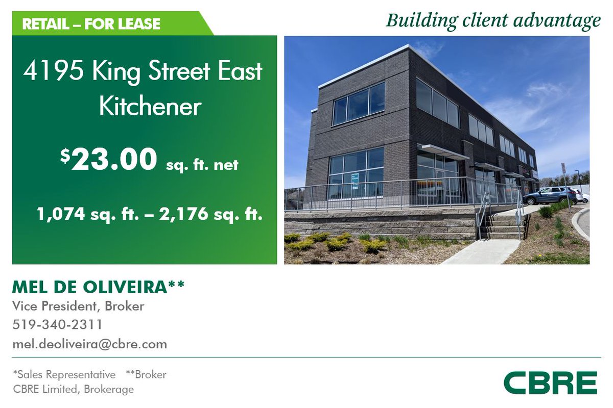 Newly built retail units available in the Sportsworld area of Kitchener! Neighbouring tenants at this high-visibility intersection include Desjardins Insurance, Hollywood Nails, and BiteMe Bakery. Contact me for more details. 

#commercialrealestate #cre #retail #CBRE #Kitchener