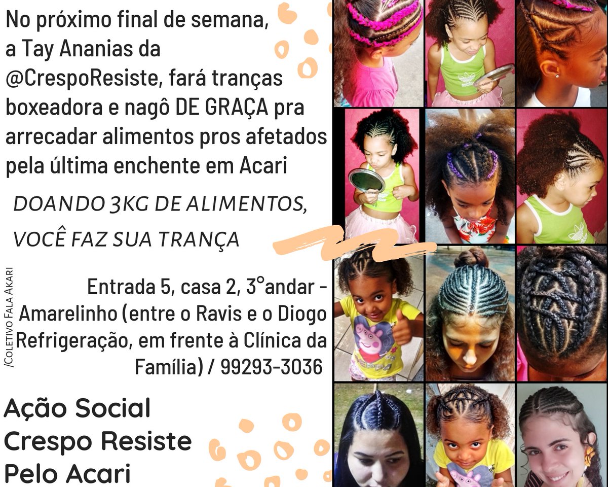 BuubaAguiar's tweet image. TRANÇAS DE GRAÇA? SIM, EM ACARI

Pois bem, gente amada, a Tay Ananias da Crespo Resiste vai tá fazendo tranças boxeadora e nagô em troca de 3kg de alimentos não perecíveis que também serão #doados pras famílias que foram afetadas pela última enchente em Acari