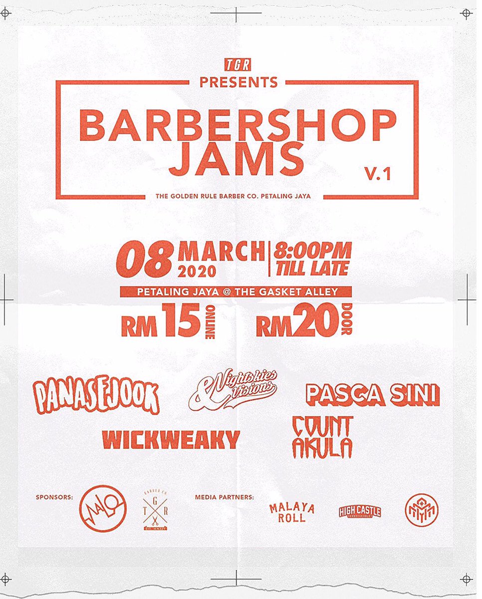 Jenn_Thompson's tweet photo. #PJ SUNDAY March8 BARBERSHOP JAMS Vol.1 8pm TheGoldenRuleBarberCo. (TheGasketAlley, Lot15, Jalan13/6) #Section13 ft. @panasejook @NSVband @PascaSiniMY @WickWeaky #CountAkula https://t.co/7eBOGdFOOM