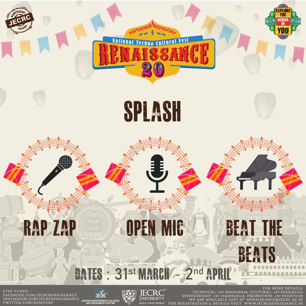 renjecrc's tweet photo. #ren20 #ExploreTheGeniusInYou #BackWithTheClap  #NurturingTalent #BuildYourWorld #20YearsYoung #TomorrowIsNow #LifeAtJECRC #TeamJECRC #JECRCren #TechnoCulturalFest #CollegeFest https://t.co/MRZHu3mWRO
