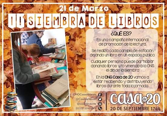 CasadeVeinte's tweet image. ¡Siembra de otoño!  
El 21 de marzo como en cada cambio de estación estaremos  sembrando libros en distintos puntos de la ciudad. 📚🍂🍃

️#SiembradeLibrosMDP 
#LibrosPerdidosMDP 
#SomosCasade20 

Se agradece rtw🙌