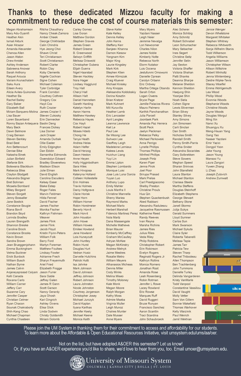 umsystem's tweet image. Thank you to all faculty at @Mizzou, @UMKC, @MissouriSandT, and @umsl who made a commitment this semester to reduce the cost of course materials for students by using affordable and open educational resources.