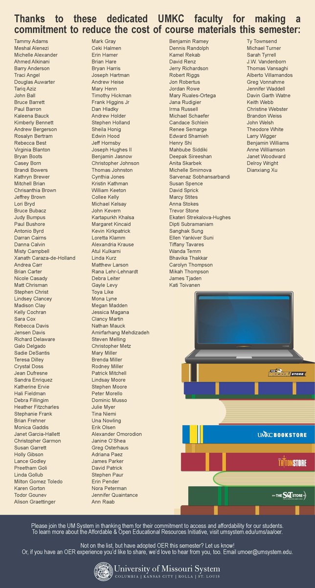umsystem's tweet image. Thank you to all faculty at @Mizzou, @UMKC, @MissouriSandT, and @umsl who made a commitment this semester to reduce the cost of course materials for students by using affordable and open educational resources.