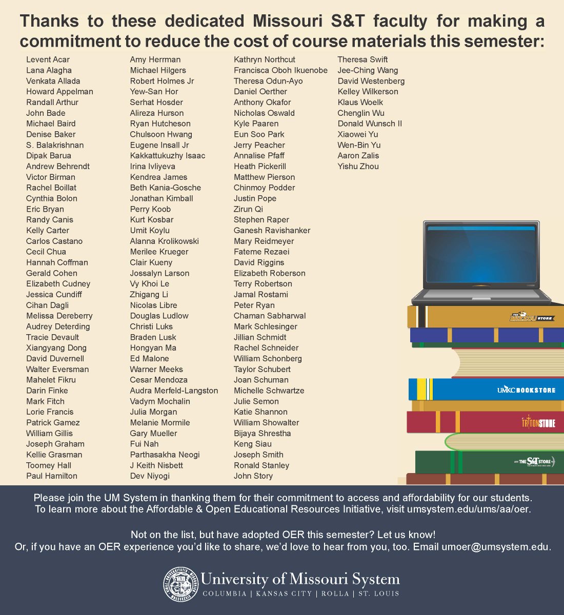 umsystem's tweet image. Thank you to all faculty at @Mizzou, @UMKC, @MissouriSandT, and @umsl who made a commitment this semester to reduce the cost of course materials for students by using affordable and open educational resources.