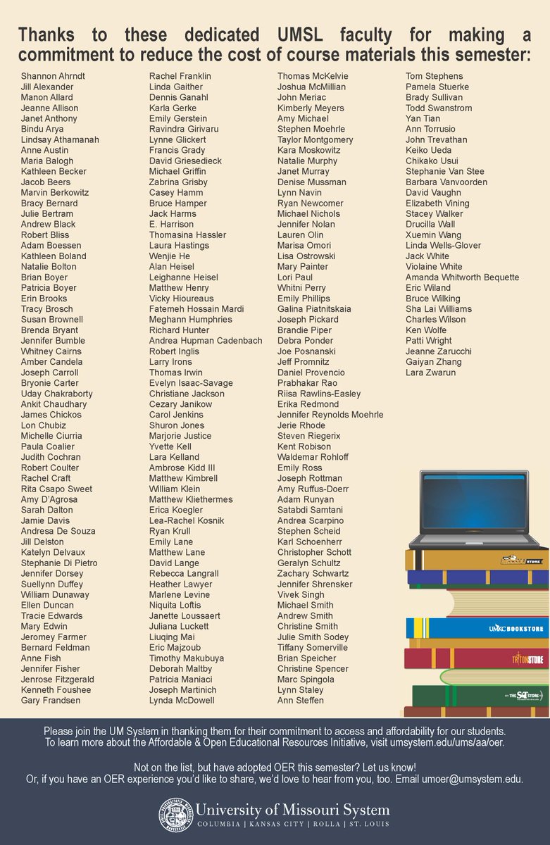 umsystem's tweet image. Thank you to all faculty at @Mizzou, @UMKC, @MissouriSandT, and @umsl who made a commitment this semester to reduce the cost of course materials for students by using affordable and open educational resources.