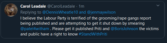 beatthesystem1's tweet photo. @kel_emvor @LeslieH24367191 @CarolLeadale spot on : Labour are terrified about the #GroomingGangs #RapeReport being published, so smearing Priti Patel looks like an attempt to stop her. https://t.co/PJ6K4dTQkb