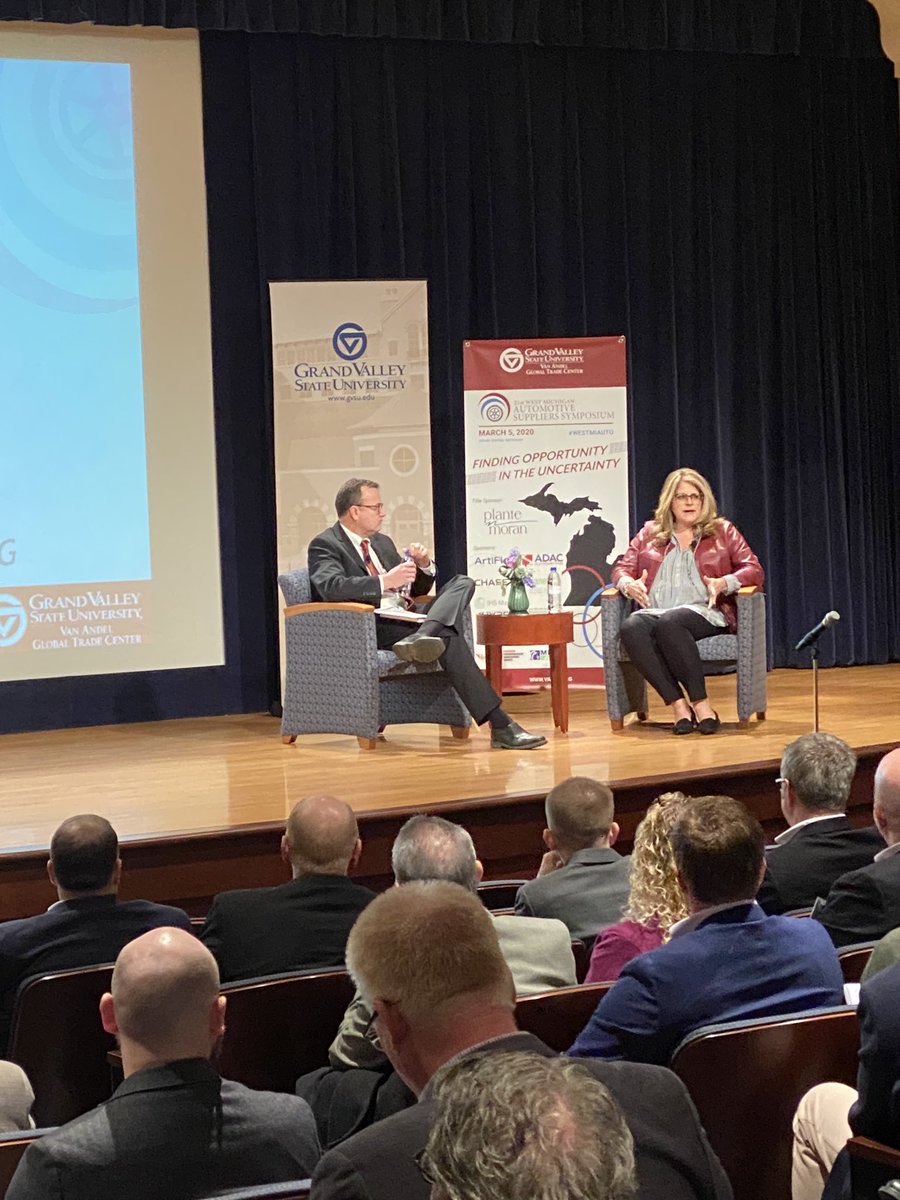 VAGTC's tweet photo. A Fireside Chat (without the fire) with Christine Sitek of @GM at the West Michigan Auto Suppliers Symposium! Looking forward to some fantastic conversation with the audience & ArtiFlex Manuf.’s Erin Hoffmann! @GVSU #WestMiAuto https://t.co/qsltMt59to
