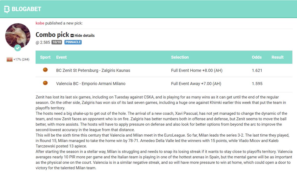 blogabet's tweet photo. Basketball #combopick ๐๐ค๐
BC Zenit St Petersburg vs Zalgiris Kaunas
Valencia BC vs Emporio Armani Milano
Follow this #freepick >> https://t.co/N4YGXkp8Xa <<
Place your #bets >> https://t.co/d3q7PgxNox << โ
#Euroleague #basketballtips #bettingtips https://t.co/RfZXCZBeKs