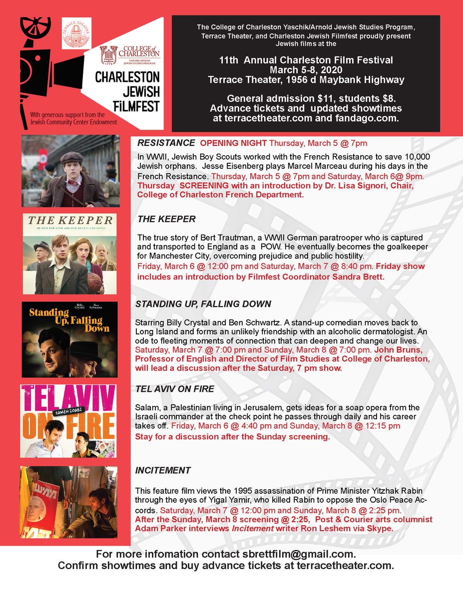 The Charleston Jewish Filmfest begins TONIGHT with a 7PM screening of #Resistance - feat. guest speaker Dr. Lisa Signori (<a href="/CofCFrenchItal/">CofC French Italian</a>).

See y'all tonight at the Terrace Theater. Tickets and updated showtimes at terracetheater.com.
