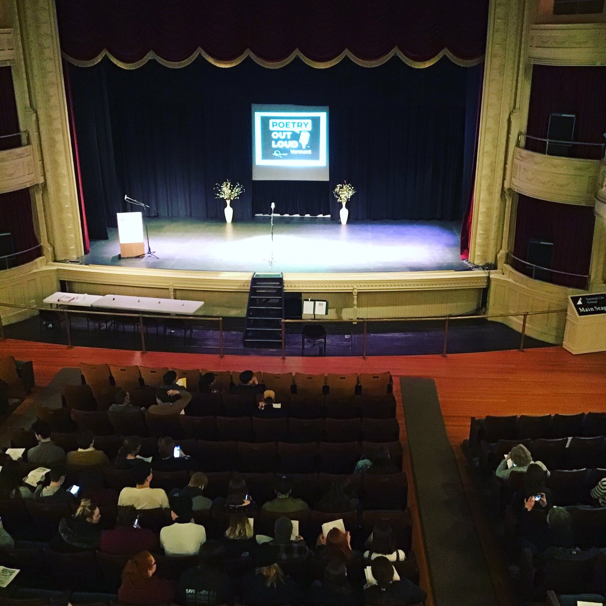 VTArtsCouncil's tweet photo. It’s happening! In just about five minutes, the first student will step on stage here at the Barre Opera House @barreoperahouse for the Poetry Out Loud Vermont semifinals. Poetry recitation in action! Best of luck to all of the performers! #POLVT #POL20 https://t.co/SdF4JJH5JV