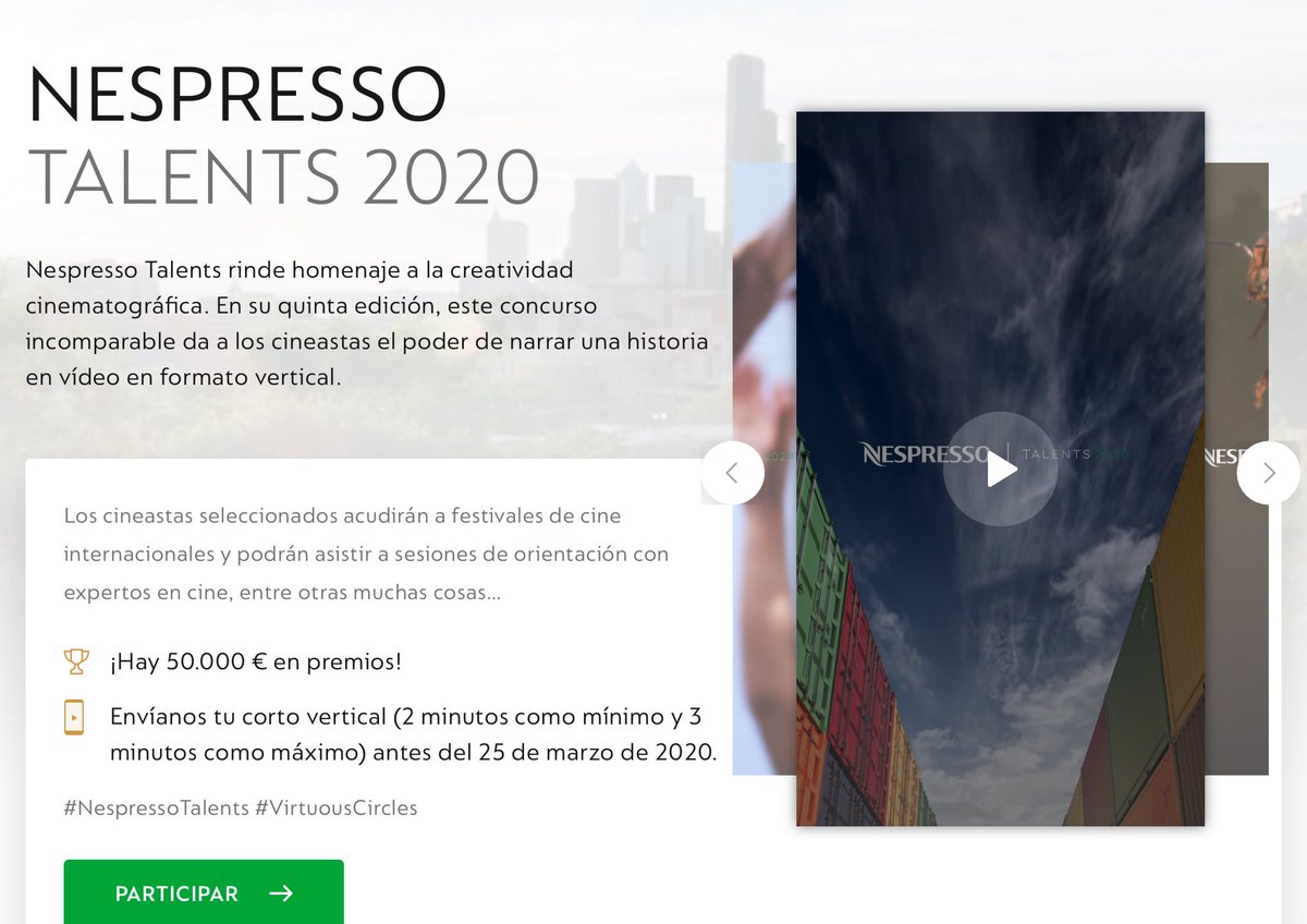 sansebastianfes's tweet photo. 🤳🏻Hasta el 25 de marzo está abierta la convocatoria del 5º #NespresoTalents, que este año desafía a los jóvenes cineastas a compartir su interpretación de lo que significa un #VirtuousCircles, a contar cómo una buena acción cambia algo para mejor.
ℹ️ https://t.co/eoHdkQh40O https://t.co/hOzQ2TeFKd