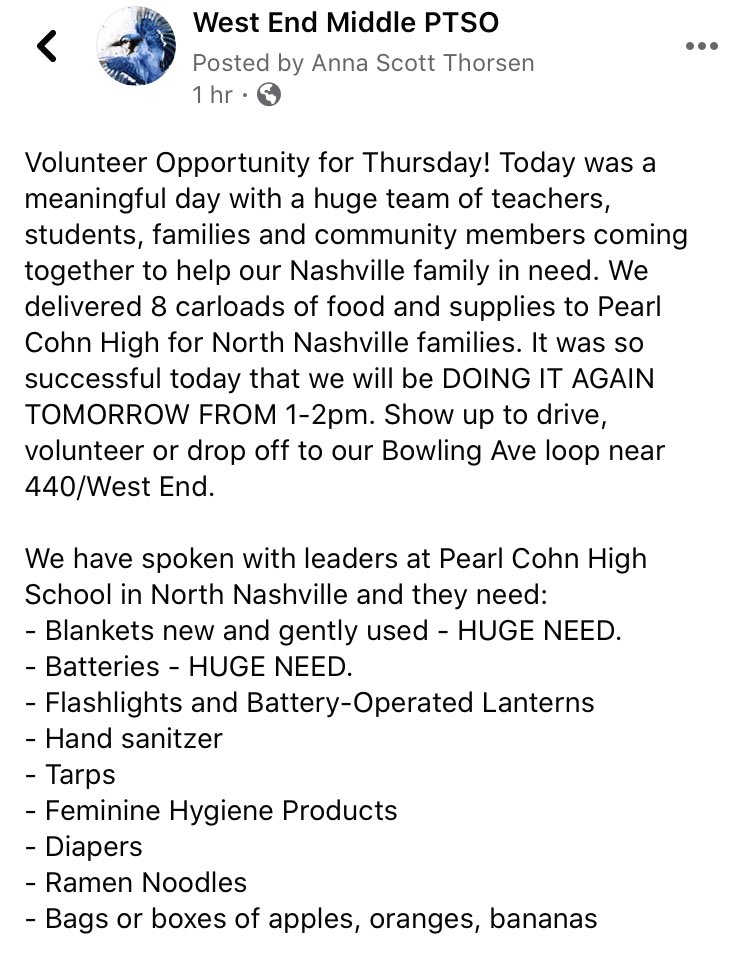 WestEndPTSO's tweet photo. @buggsforschools @PearlCohnHS If you are on the West side of town, we are collecting blankets, batteries, flashlights, hand sanitizer, diapers, feminine products, tarps and bags of fruit from 1-2pm at Bowling Ave near West End/440. We will deliver to @PearlCohnHS afterwards. Please drop off! #BetterTogether https://t.co/wdjraJpXfH