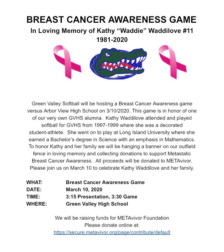 Hey Gators!! Gator Softball has a benefit game against Arbor View Tuesday 3/10 in honor of an alum gator Kathy Waddilove who attended and played softball for Green Valley, who unfortunately passed away from breast cancer. Please join us and celebrate her and her family! 🐊🥎