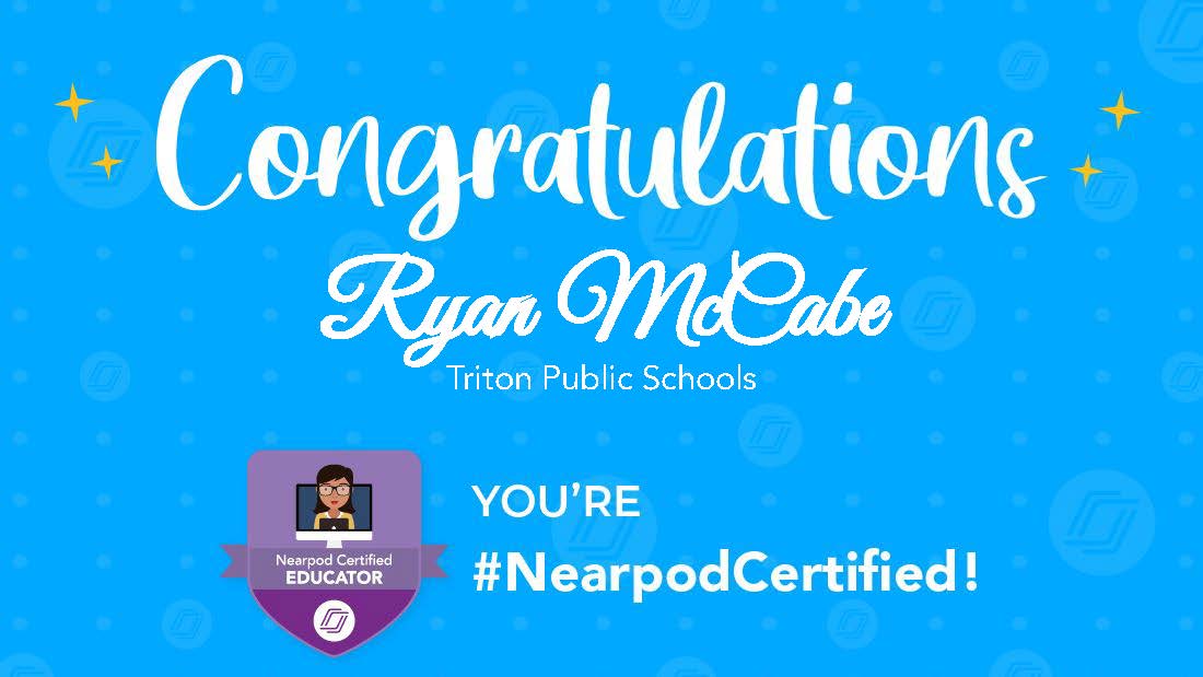 TritonElementa1's tweet photo. Congrats to our own Ryan McCabe on becoming Nearpod Certified.  Way to go Ryan on becoming a Nearpod Certified Teacher for Triton Elementary. #wearetriton https://t.co/Dd5231adQZ
