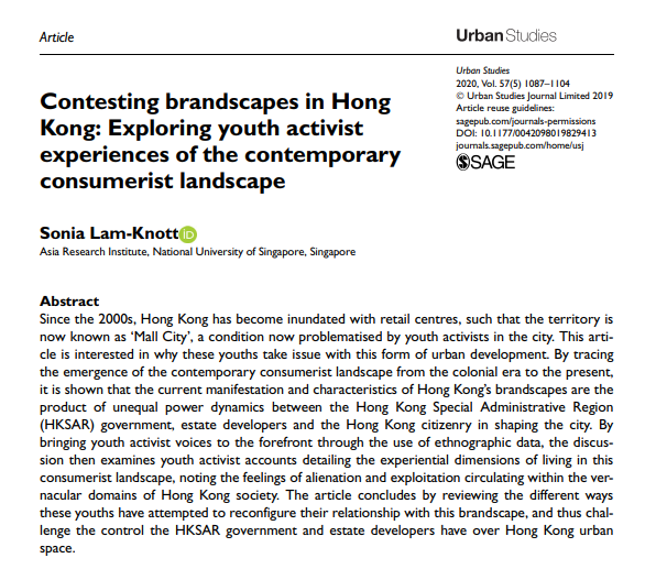 USJ_online's tweet photo. Lam-Knott explores the different ways #YouthActivists in #HongKong have attempted to reconfigure their relationship with the city’s #brandscape, and thus, challenge the control HKSAR government and estate developers have over Hong Kong #UrbanSpace https://t.co/ItJL3QJ0Lf https://t.co/5iCiRhx0sr