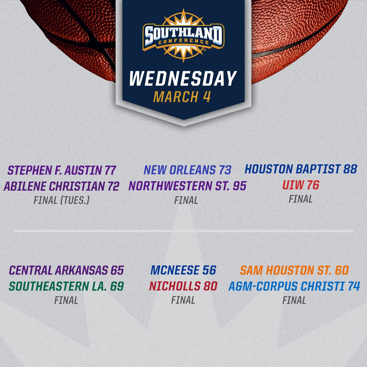 SouthlandSports's tweet photo. After Wednesday's men's 🏀 action, there's still 4⃣ tournament spots up for grabs, just one confirmed seed (@SFA_MBB) and ✌️ games separating teams 4⃣-9⃣ in the standings. #SouthlandStrong #CountdownToKaty https://t.co/MXr4mK9C9G