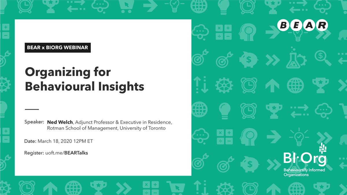 Our next #BEARxBIOrg webinar session on Wed Mar 18th is with Ned Welch <a href="/rotmanschool/">Rotman School</a> on organizing for behavioural insights! All are welcome, registration is required to join: rotman.utoronto.ca/FacultyAndRese…