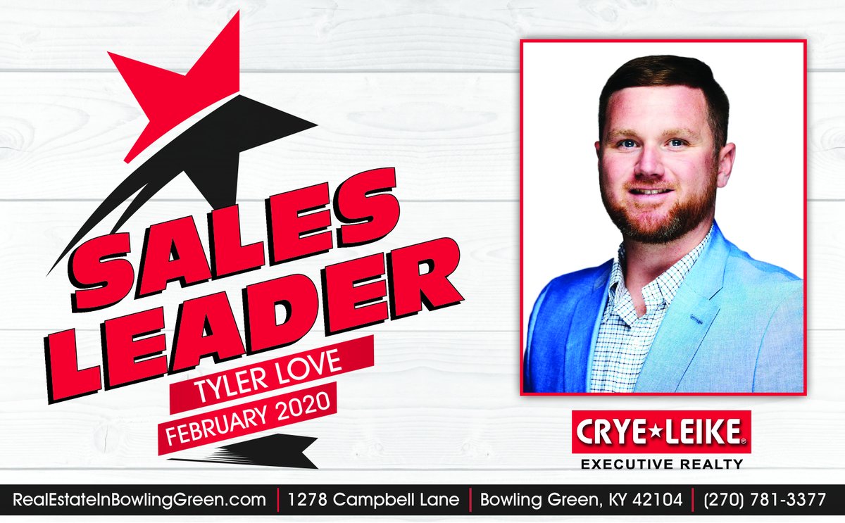 🎉Crye-Leike Executive Realty would like to congratulate Tyler Love for being one of our Sales Leader for February 2020!!

Click 👍 to help us congratulate Tyler!!
#cryeleikebg #salesleader