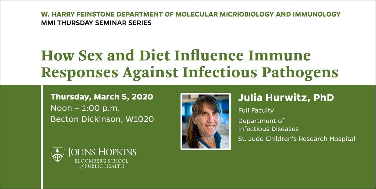JohnsHopkinsMMI's tweet photo. Join us for today's MMI Thursday seminar featuring
@StJudeResearch's Julia Hurwitz, PhD
TODAY!
12noon
W1020 Becton Dickinson
All members of the @JohnsHopkinsSPH & @JohnsHopkins
community & future collaborators are welcome!
#InfectiousPathogens https://t.co/YoIGcPb9hQ